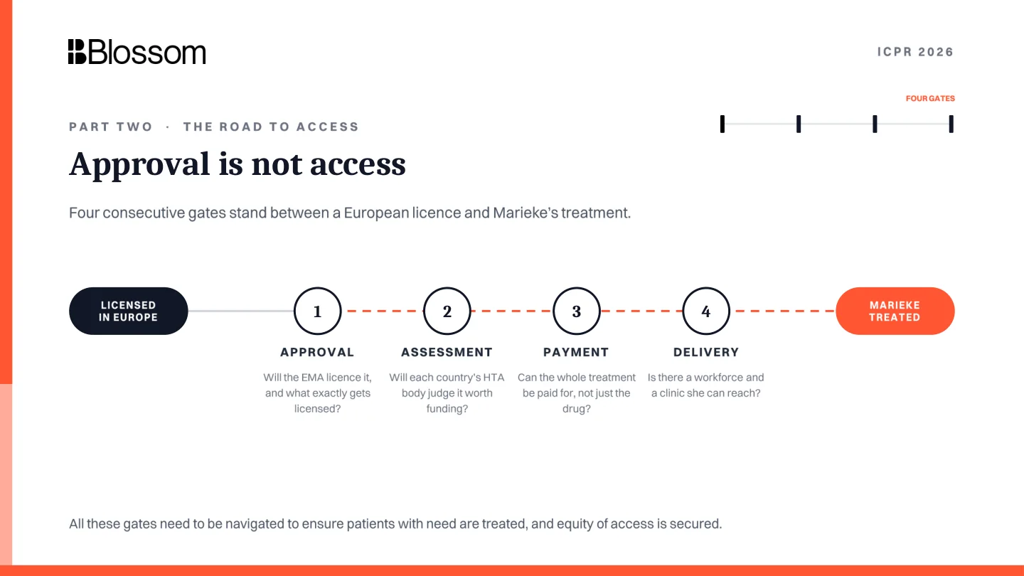 Four access gates between European licensing and treatment.