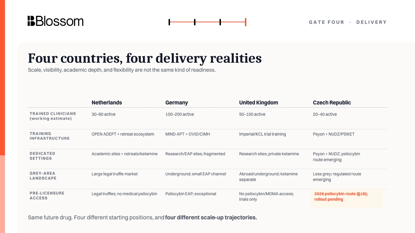 Country comparison of delivery readiness and training infrastructure.